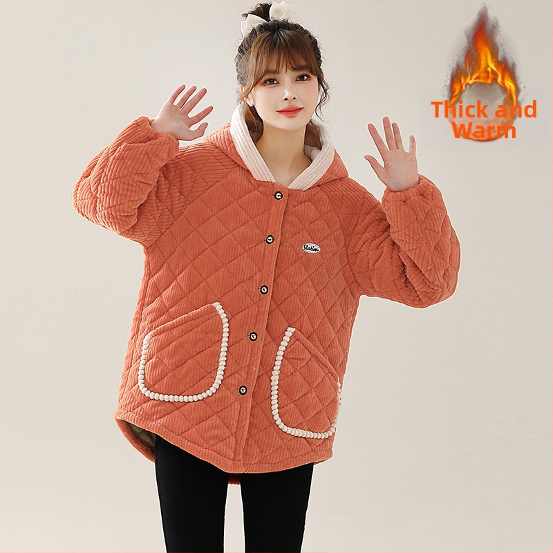 Женско памучно яке с пухкав пълнител, качулка, късо свободно, дебело кардуорено платно с подплата от флис, еднокопчано закопчаване