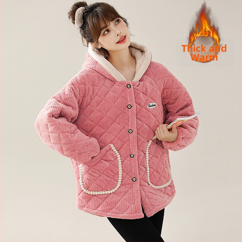 Женско памучно яке с пухкав пълнител, качулка, късо свободно, дебело кардуорено платно с подплата от флис, еднокопчано закопчаване