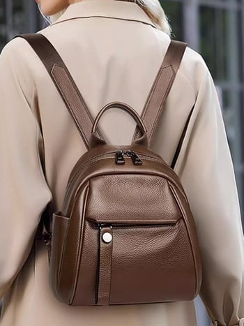 Ženski ruksak od prve slojevine teleće kože, prirodna koža, gradski minimalistički stil, zatvaranje na zip, unutarnje pretince (pretinac sa zipom za tajne stvari, pretinac za telefon, pretinac za ID)