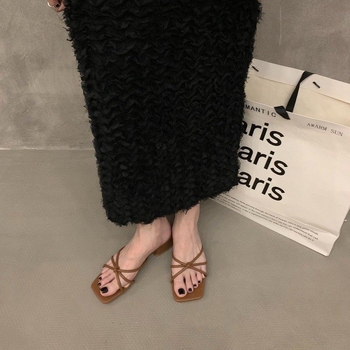 Дамски френски стил плоски сандали, PU горна част, гумена подметка, квадратен пръст, за градски ежеднев, без подплата