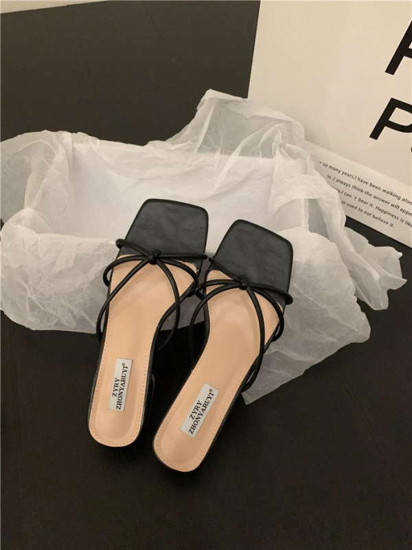 Дамски френски стил плоски сандали, PU горна част, гумена подметка, квадратен пръст, за градски ежеднев, без подплата