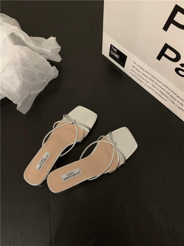 Дамски френски стил плоски сандали, PU горна част, гумена подметка, квадратен пръст, за градски ежеднев, без подплата