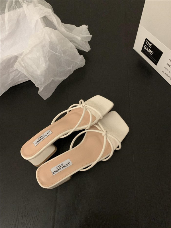 Дамски френски стил плоски сандали, PU горна част, гумена подметка, квадратен пръст, за градски ежеднев, без подплата