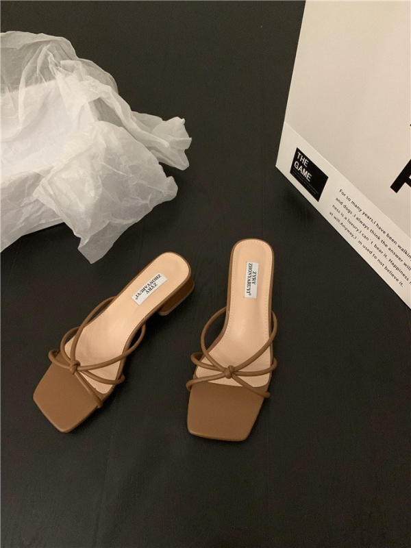 Дамски френски стил плоски сандали, PU горна част, гумена подметка, квадратен пръст, за градски ежеднев, без подплата