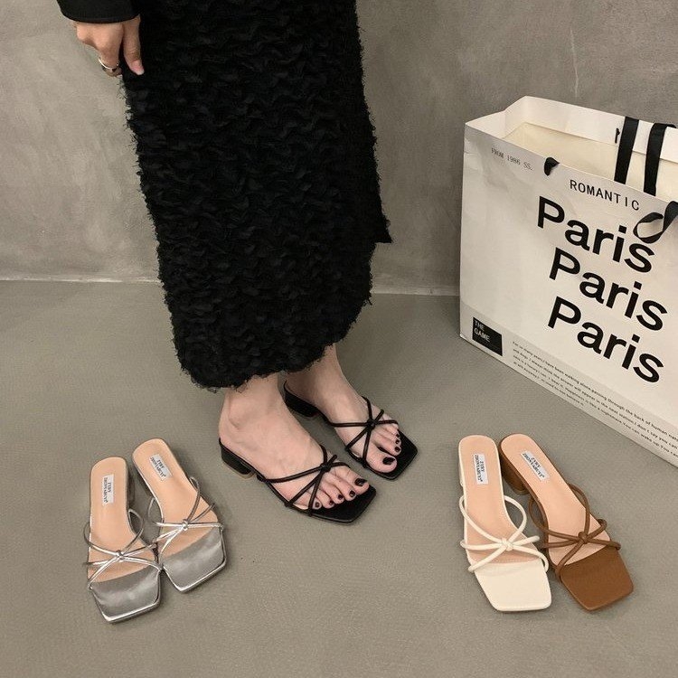 Дамски френски стил плоски сандали, PU горна част, гумена подметка, квадратен пръст, за градски ежеднев, без подплата