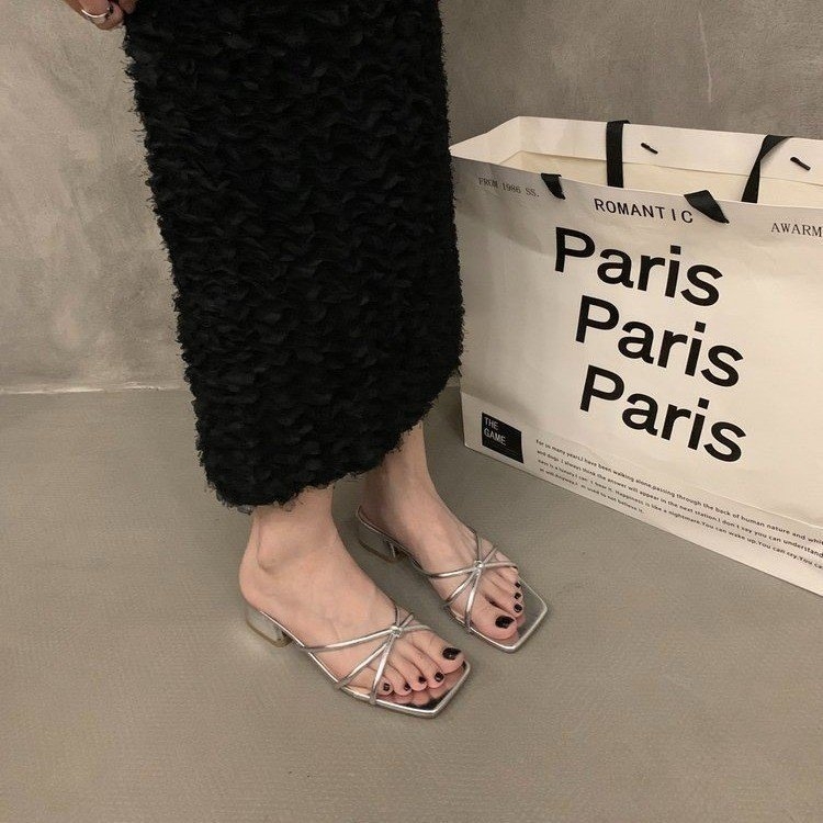 Дамски френски стил плоски сандали, PU горна част, гумена подметка, квадратен пръст, за градски ежеднев, без подплата