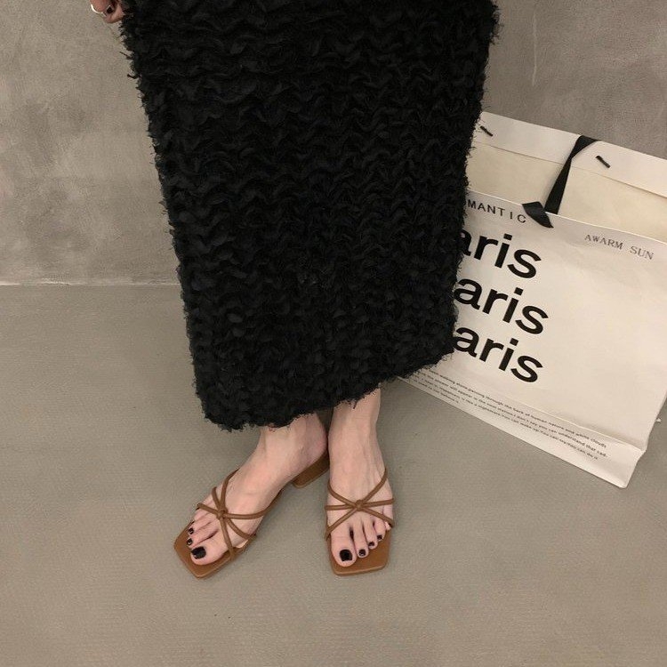 Дамски френски стил плоски сандали, PU горна част, гумена подметка, квадратен пръст, за градски ежеднев, без подплата