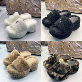 Papuče s umjetnim krznom i visokim petama, gumom potplatom, okrugla špička, mrežasta podstava, ležerni stil