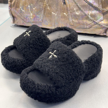 Papuče s umjetnim krznom i visokim petama, gumom potplatom, okrugla špička, mrežasta podstava, ležerni stil