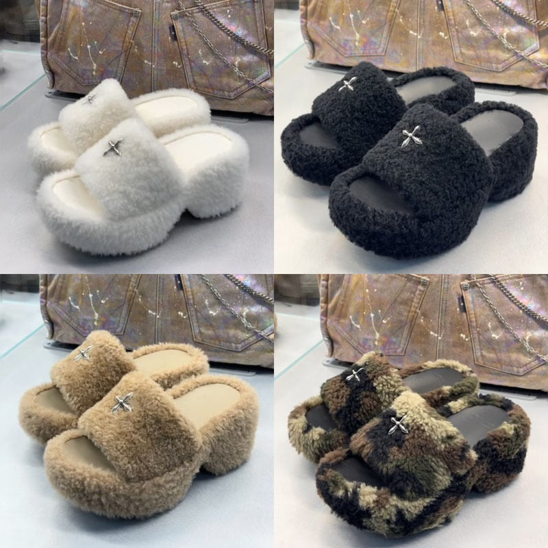 Papuče s umjetnim krznom i visokim petama, gumom potplatom, okrugla špička, mrežasta podstava, ležerni stil