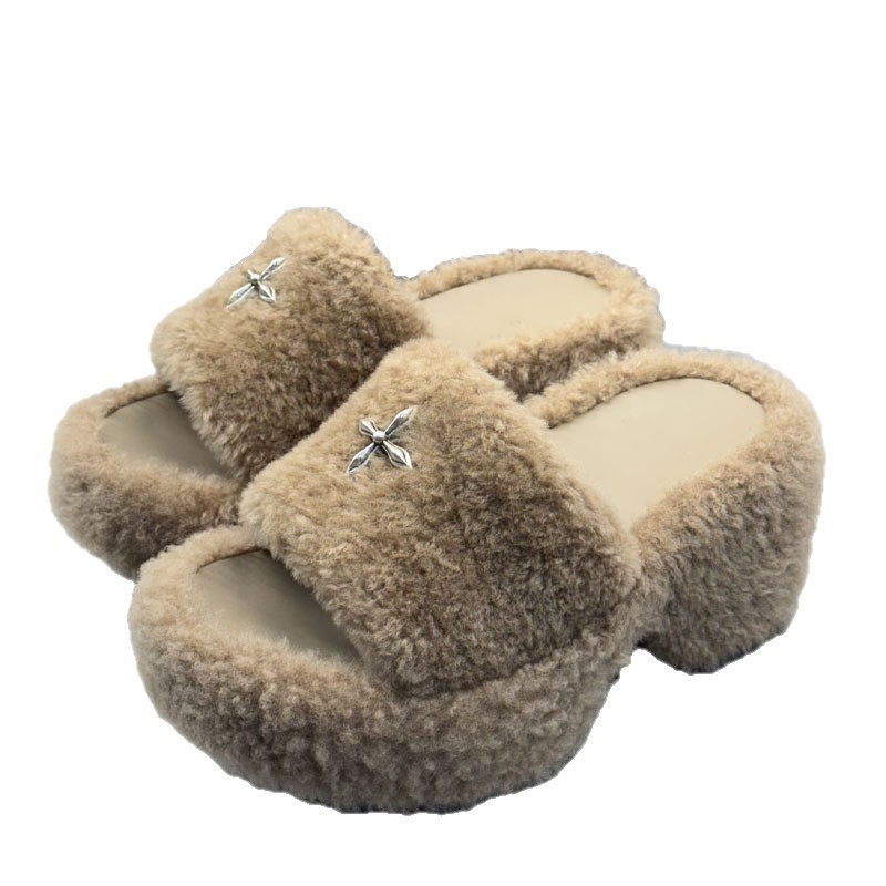 Papuče s umjetnim krznom i visokim petama, gumom potplatom, okrugla špička, mrežasta podstava, ležerni stil