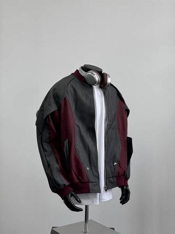 PU кожено бейсболно яке с разкроени шевове, ветроустойчиво, свободна кройка, дълги ръкави, странични джобове