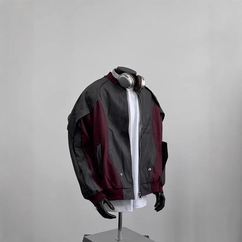 PU кожено бейсболно яке с разкроени шевове, ветроустойчиво, свободна кройка, дълги ръкави, странични джобове