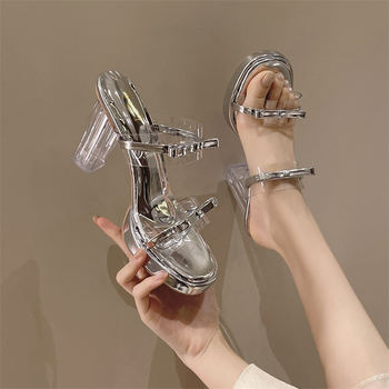 Ženske sandale na visoku petu s mašnicom, okrugla špička, PU gornji materijal, PU unutrašnjost, gumeni đon, ljeto 2025