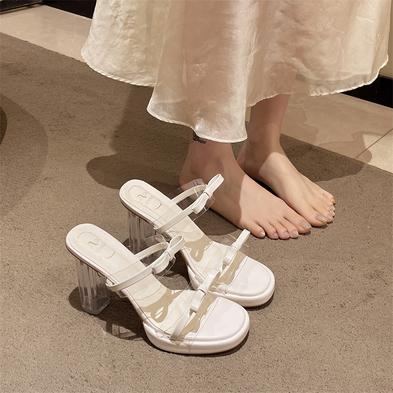 Ženske sandale na visoku petu s mašnicom, okrugla špička, PU gornji materijal, PU unutrašnjost, gumeni đon, ljeto 2025