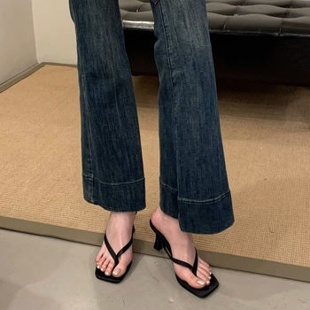 Високи сандали с квадратен нос, корейски стил — горна материя супер влакна, PU вътрешен слой, подметка гума, лято 2025