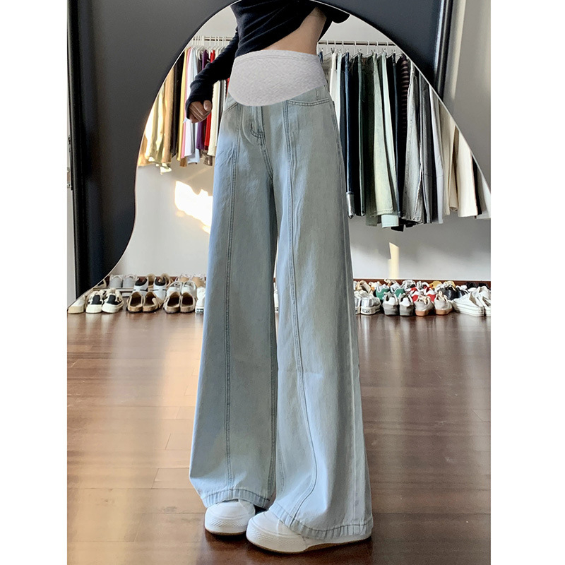 Trudničke traperice s širokim krojem, lagana pamuk-poliester mješavina s elastanom, podrška trbuha, proljeće/ljeto 2025, udoban slobodan kroj