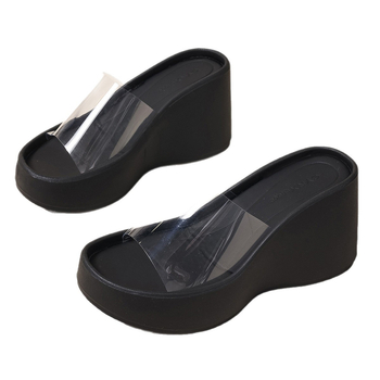 Visoke klinske sandale s prozirnim PVC gornjim dijelom, PU potplat, EVA unutrašnjost, visina pete 6–8 cm, debeli potplat 7,5 cm, korejski stil
