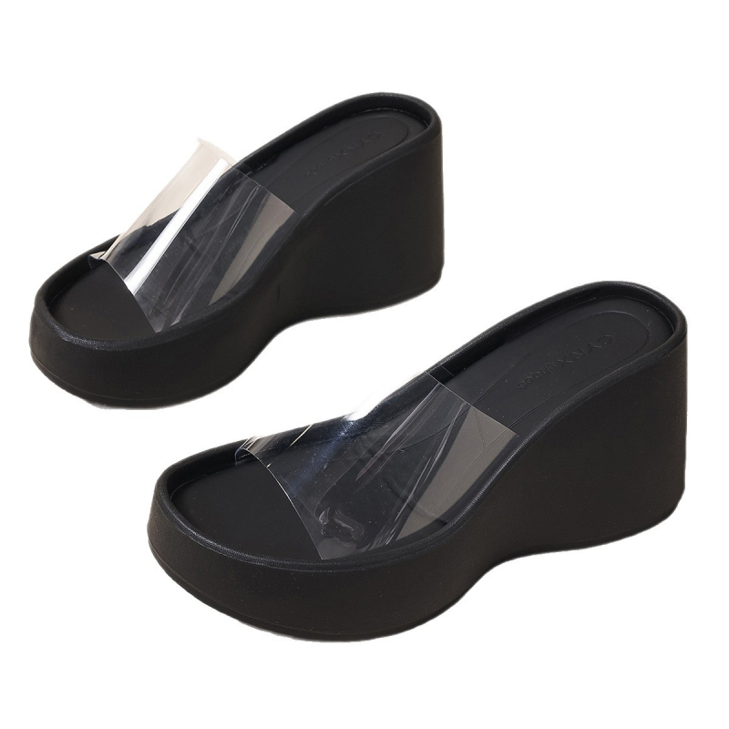 Visoke klinske sandale s prozirnim PVC gornjim dijelom, PU potplat, EVA unutrašnjost, visina pete 6–8 cm, debeli potplat 7,5 cm, korejski stil