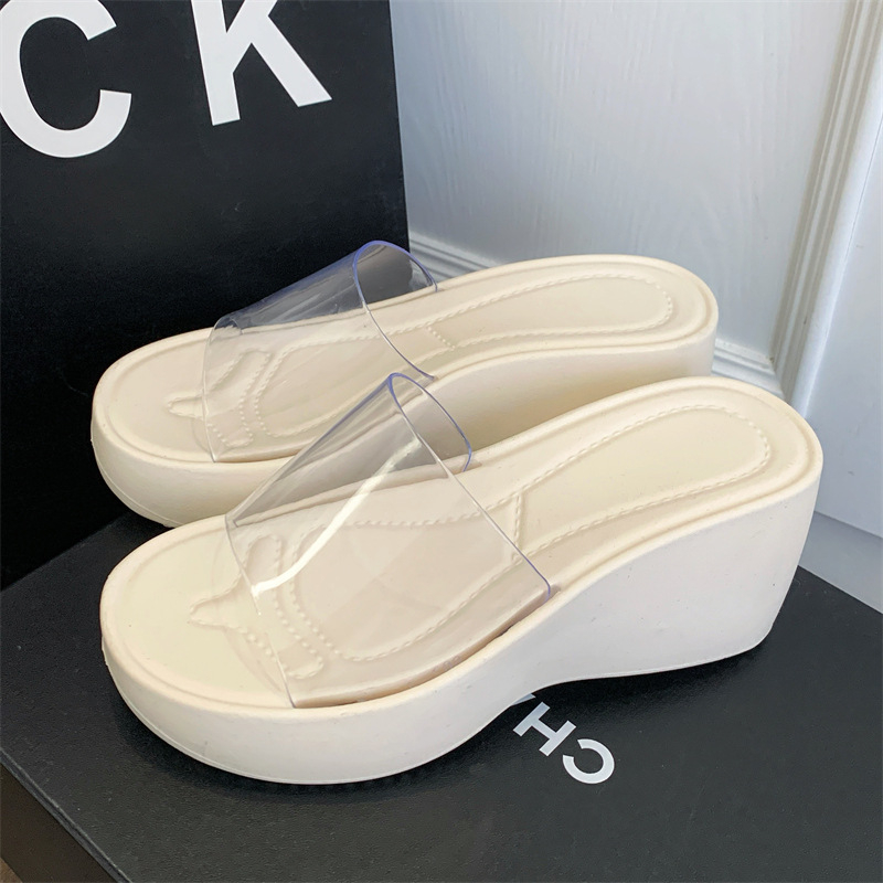 Visoke klinske sandale s prozirnim PVC gornjim dijelom, PU potplat, EVA unutrašnjost, visina pete 6–8 cm, debeli potplat 7,5 cm, korejski stil