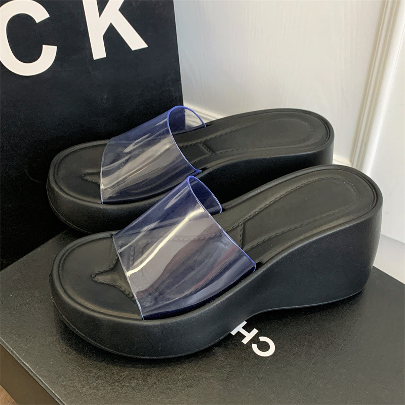 Visoke klinske sandale s prozirnim PVC gornjim dijelom, PU potplat, EVA unutrašnjost, visina pete 6–8 cm, debeli potplat 7,5 cm, korejski stil