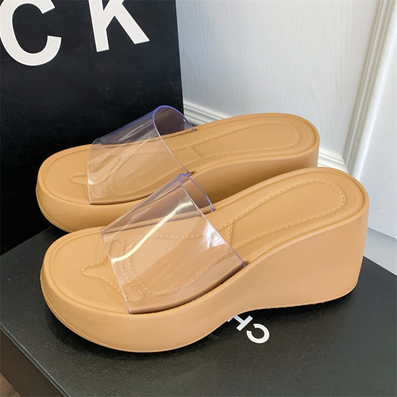 Visoke klinske sandale s prozirnim PVC gornjim dijelom, PU potplat, EVA unutrašnjost, visina pete 6–8 cm, debeli potplat 7,5 cm, korejski stil