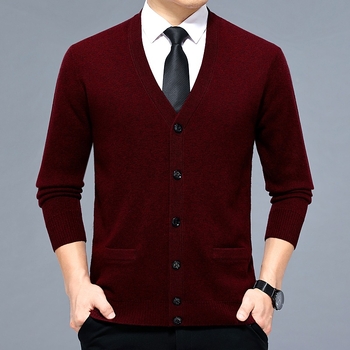 Кашмирен кардиган за мъже - V-образно деколте, удебелен вълнен материал, едноцветен, за мъже на средна възраст, делови стил