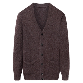 Кашмирен кардиган за мъже - V-образно деколте, удебелен вълнен материал, едноцветен, за мъже на средна възраст, делови стил
