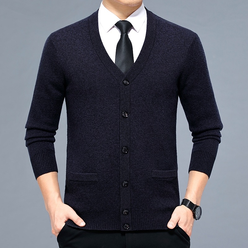 Кашмирен кардиган за мъже - V-образно деколте, удебелен вълнен материал, едноцветен, за мъже на средна възраст, делови стил
