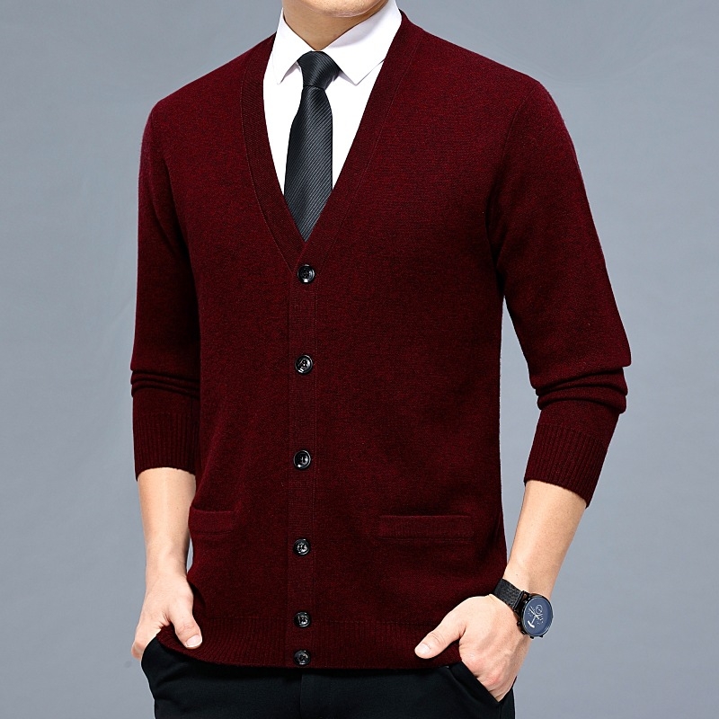 Кашмирен кардиган за мъже - V-образно деколте, удебелен вълнен материал, едноцветен, за мъже на средна възраст, делови стил