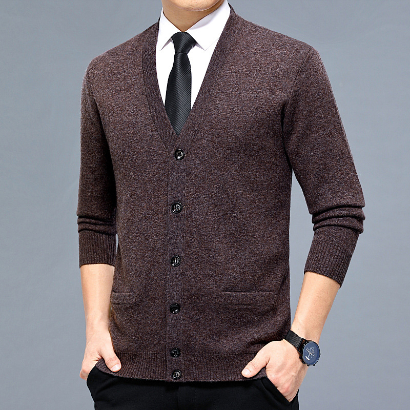 Кашмирен кардиган за мъже - V-образно деколте, удебелен вълнен материал, едноцветен, за мъже на средна възраст, делови стил