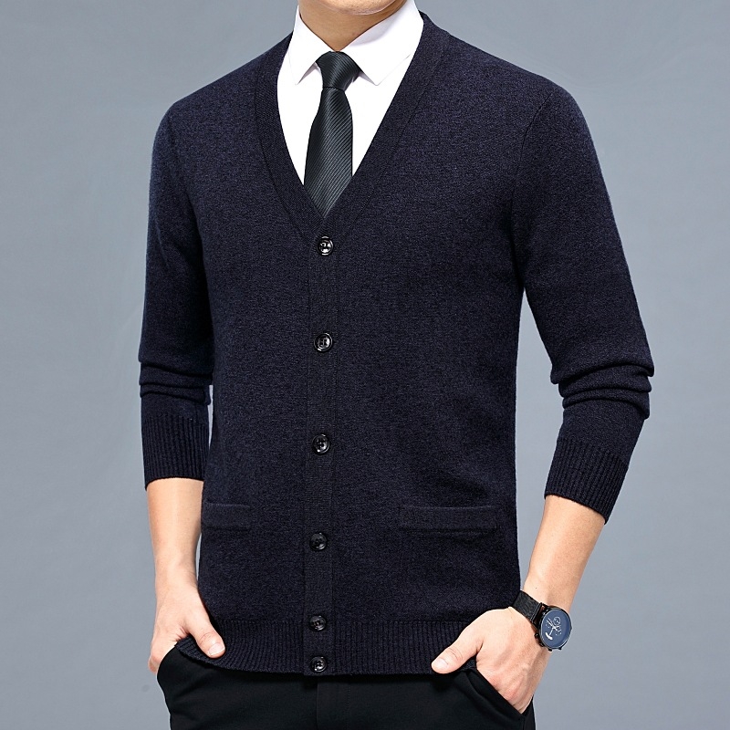 Кашмирен кардиган за мъже - V-образно деколте, удебелен вълнен материал, едноцветен, за мъже на средна възраст, делови стил
