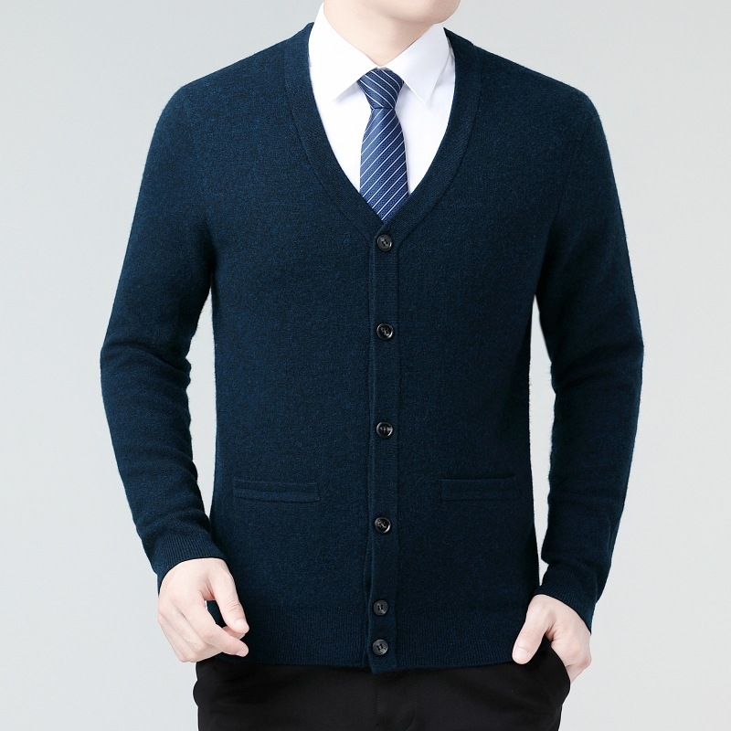 Кашмирен кардиган за мъже - V-образно деколте, удебелен вълнен материал, едноцветен, за мъже на средна възраст, делови стил