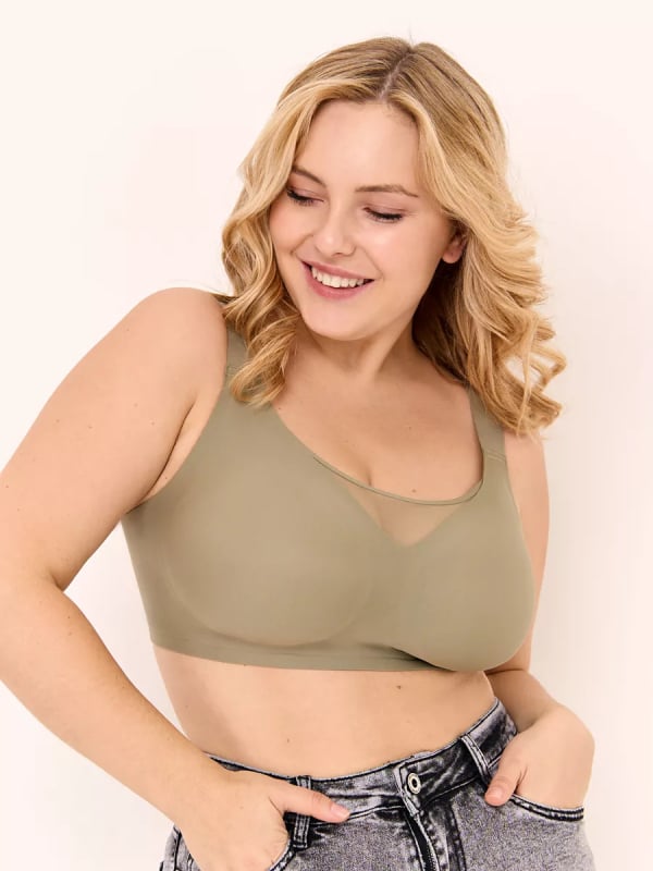 Sutien plus size, fără arc, fără sârmă, cu cupă completă, suport lateral și respirabil; material principal: nailon, căptușeală: spandex 30–50%