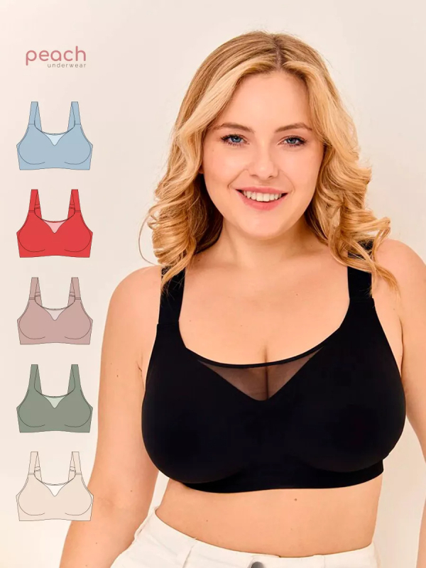 Sutien plus size, fără arc, fără sârmă, cu cupă completă, suport lateral și respirabil; material principal: nailon, căptușeală: spandex 30–50%