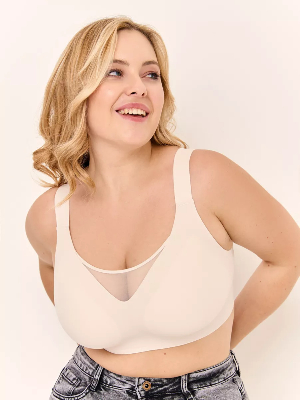 Sutien plus size, fără arc, fără sârmă, cu cupă completă, suport lateral și respirabil; material principal: nailon, căptușeală: spandex 30–50%