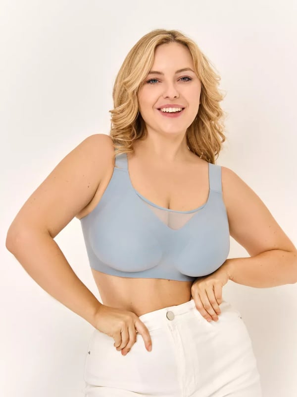 Sutien plus size, fără arc, fără sârmă, cu cupă completă, suport lateral și respirabil; material principal: nailon, căptușeală: spandex 30–50%