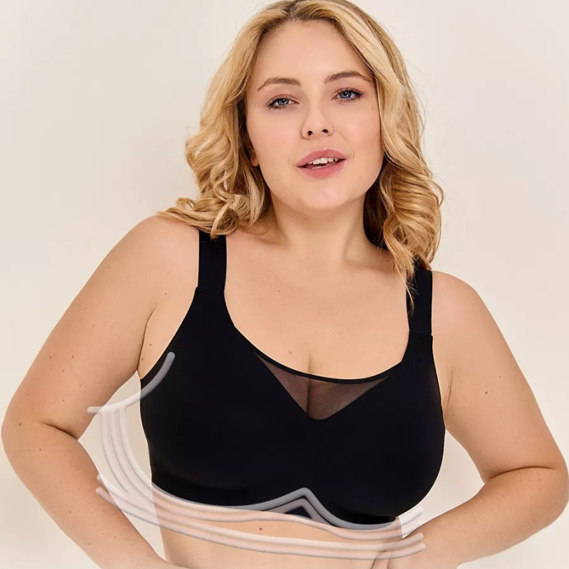 Sutien plus size, fără arc, fără sârmă, cu cupă completă, suport lateral și respirabil; material principal: nailon, căptușeală: spandex 30–50%
