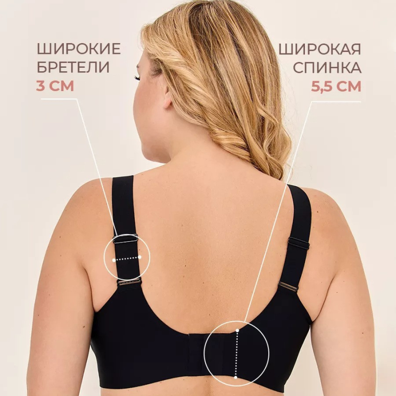 Sutien plus size, fără arc, fără sârmă, cu cupă completă, suport lateral și respirabil; material principal: nailon, căptușeală: spandex 30–50%