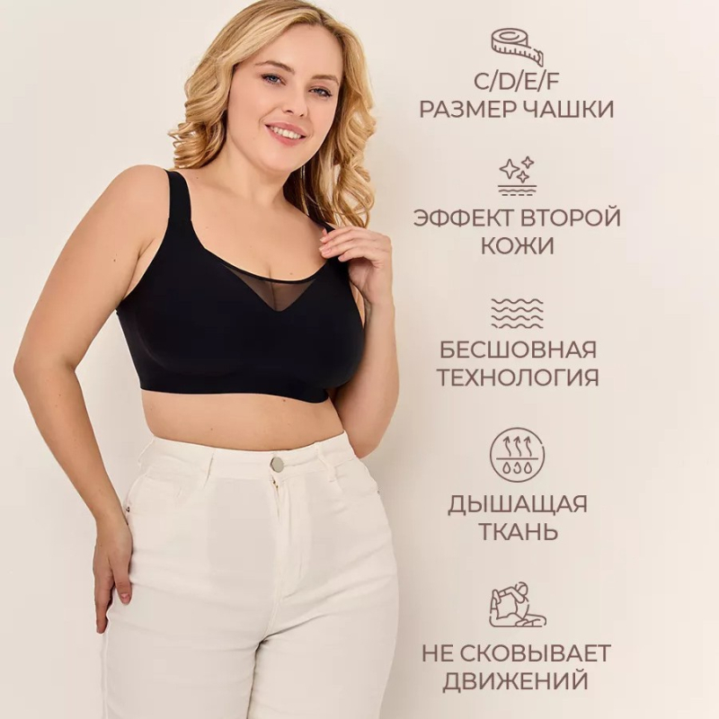 Sutien plus size, fără arc, fără sârmă, cu cupă completă, suport lateral și respirabil; material principal: nailon, căptușeală: spandex 30–50%