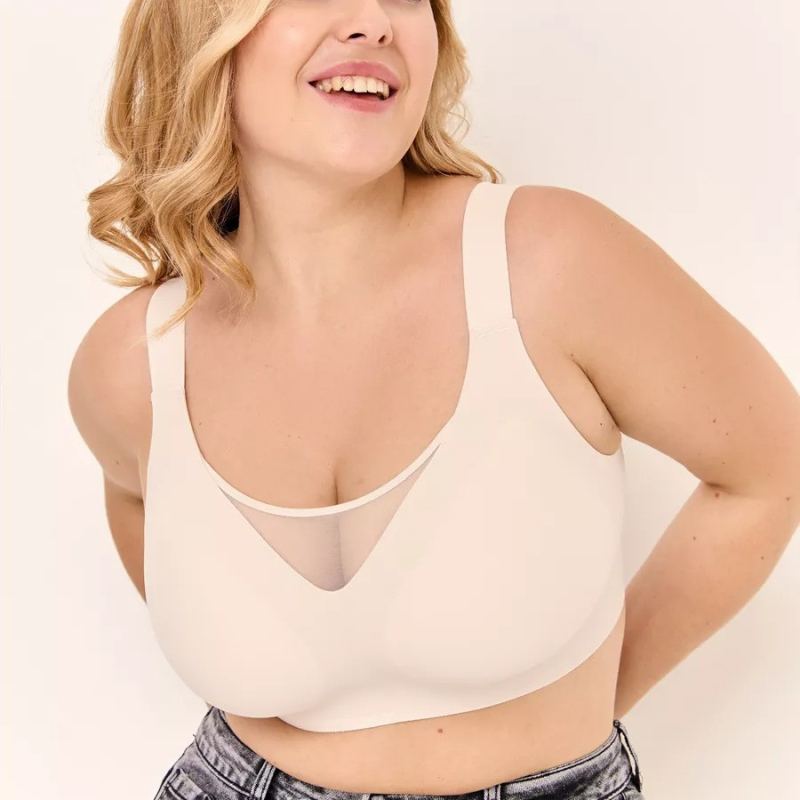 Sutien plus size, fără arc, fără sârmă, cu cupă completă, suport lateral și respirabil; material principal: nailon, căptușeală: spandex 30–50%