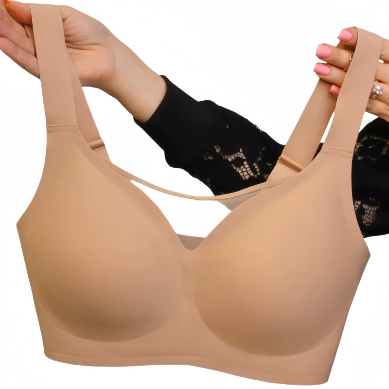 Sutien plus size, fără arc, fără sârmă, cu cupă completă, suport lateral și respirabil; material principal: nailon, căptușeală: spandex 30–50%