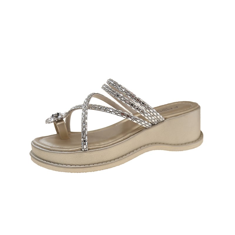 Ženske sandale s kristalima i debelom platformom, okrugli vrh, PU gornji dio, PU podstava, PU đon, proljeće 2025