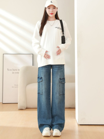 Trudničke traperice s širokim krojem, visoka elastičnost i podrška za trbuh; 90–95% pamuk, manje od 30% spandeksa, debeo materijal