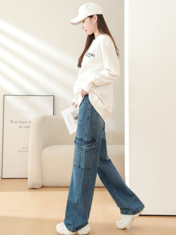 Trudničke traperice s širokim krojem, visoka elastičnost i podrška za trbuh; 90–95% pamuk, manje od 30% spandeksa, debeo materijal