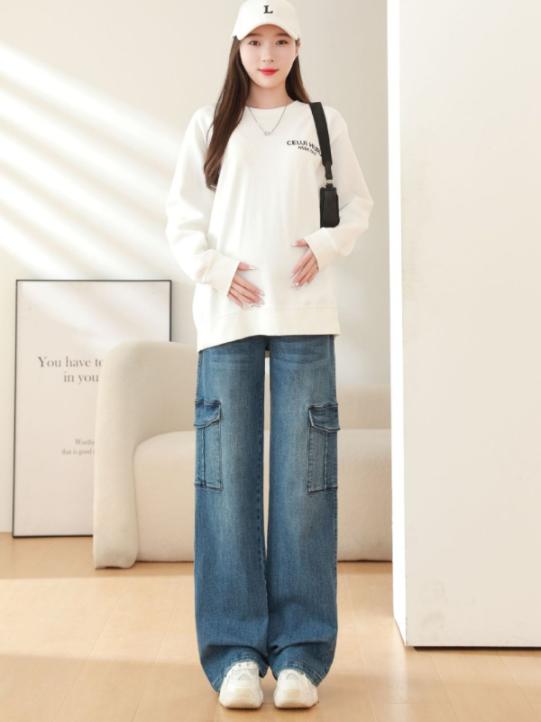 Trudničke traperice s širokim krojem, visoka elastičnost i podrška za trbuh; 90–95% pamuk, manje od 30% spandeksa, debeo materijal