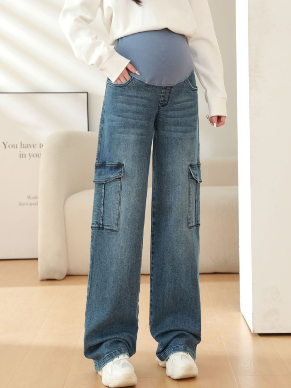 Trudničke traperice s širokim krojem, visoka elastičnost i podrška za trbuh; 90–95% pamuk, manje od 30% spandeksa, debeo materijal