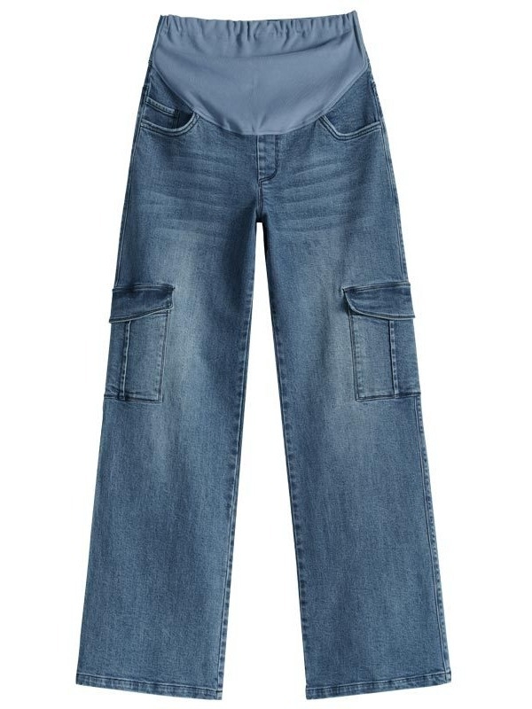 Trudničke traperice s širokim krojem, visoka elastičnost i podrška za trbuh; 90–95% pamuk, manje od 30% spandeksa, debeo materijal