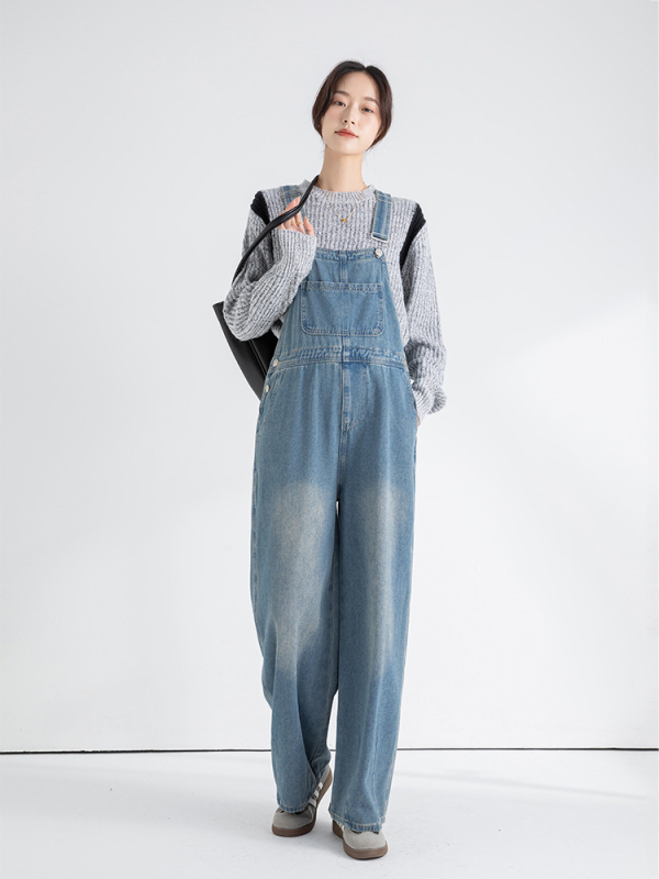 Trudnički džins kombinezon s trakama, širok kroj, pamuk 80–90%, korejski stil, proljeće 2024