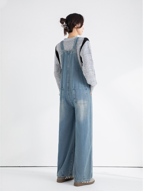 Trudnički džins kombinezon s trakama, širok kroj, pamuk 80–90%, korejski stil, proljeće 2024